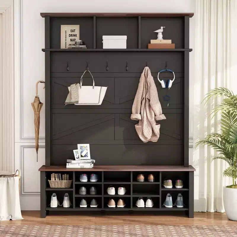 CLIHOME Farmhouse 4-in-1 Hall Tree with 6 Hooks, Walnut Entryway Bench Shoe Organizer with Adjustable Shelves and 16 Open Compartments