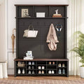 CLIHOME Farmhouse 4-in-1 Hall Tree with 6 Hooks, Walnut Entryway Bench Shoe Organizer with Adjustable Shelves and 16 Open Compartments