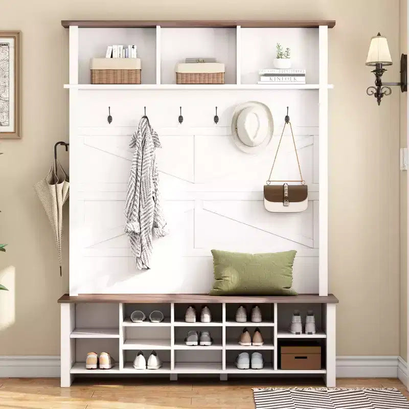 CLIHOME Meuble d'entrée 4-en-1 style rustique avec 6 crochets, banc de rangement à chaussures en noyer avec étagères réglables et 16 compartiments ouverts