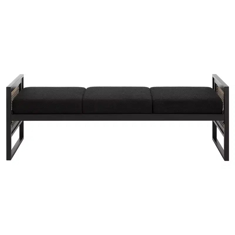 Bekrvio Banc long rembourré en bouclette de 145 cm avec cadre en métal et côtés en rotin PE, banc de bout de lit, banc d'entrée moderne pour salon