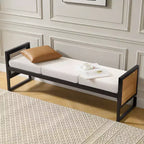 Bekrvio Banc long rembourré en bouclette de 145 cm avec cadre en métal et côtés en rotin PE, banc de bout de lit, banc d'entrée moderne pour salon
