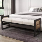 Bekrvio Banc long rembourré en bouclette de 145 cm avec cadre en métal et côtés en rotin PE, banc de bout de lit, banc d'entrée moderne pour salon