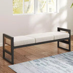 Bekrvio Banc long rembourré en bouclette de 145 cm avec cadre en métal et côtés en rotin PE, banc de bout de lit, banc d'entrée moderne pour salon