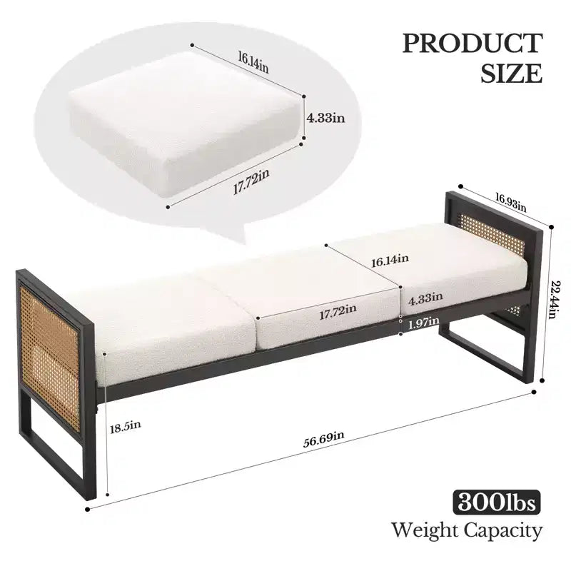 Bekrvio Banc long rembourré en bouclette de 145 cm avec cadre en métal et côtés en rotin PE, banc de bout de lit, banc d'entrée moderne pour salon