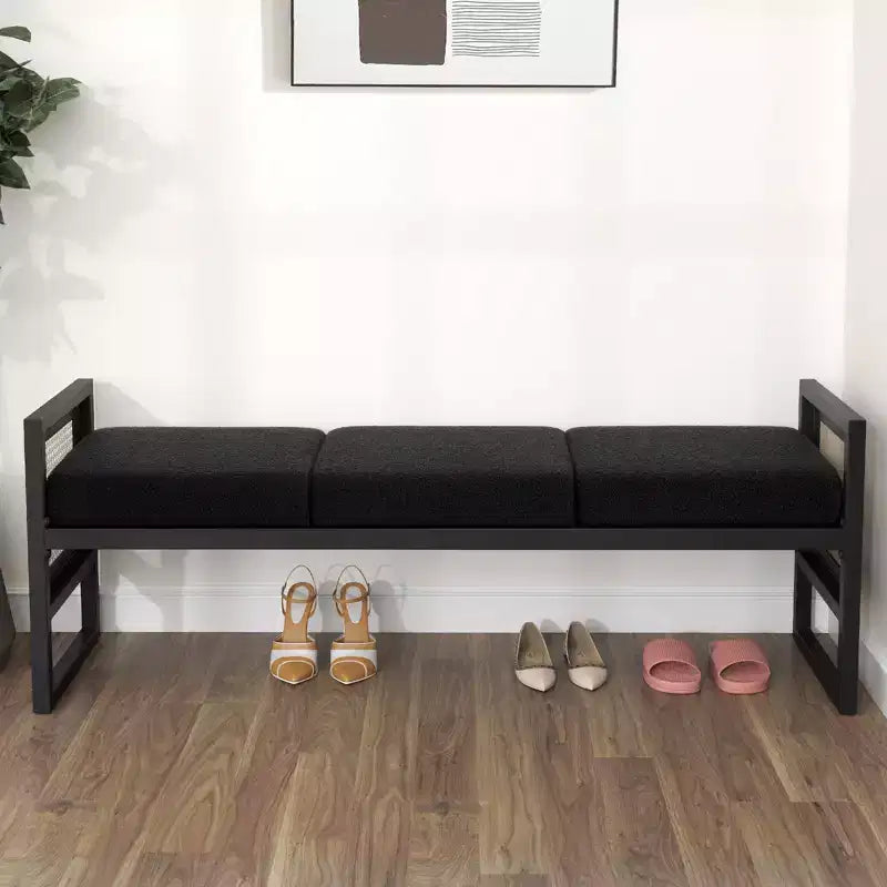 Bekrvio Banc long rembourré en bouclette de 145 cm avec cadre en métal et côtés en rotin PE, banc de bout de lit, banc d'entrée moderne pour salon