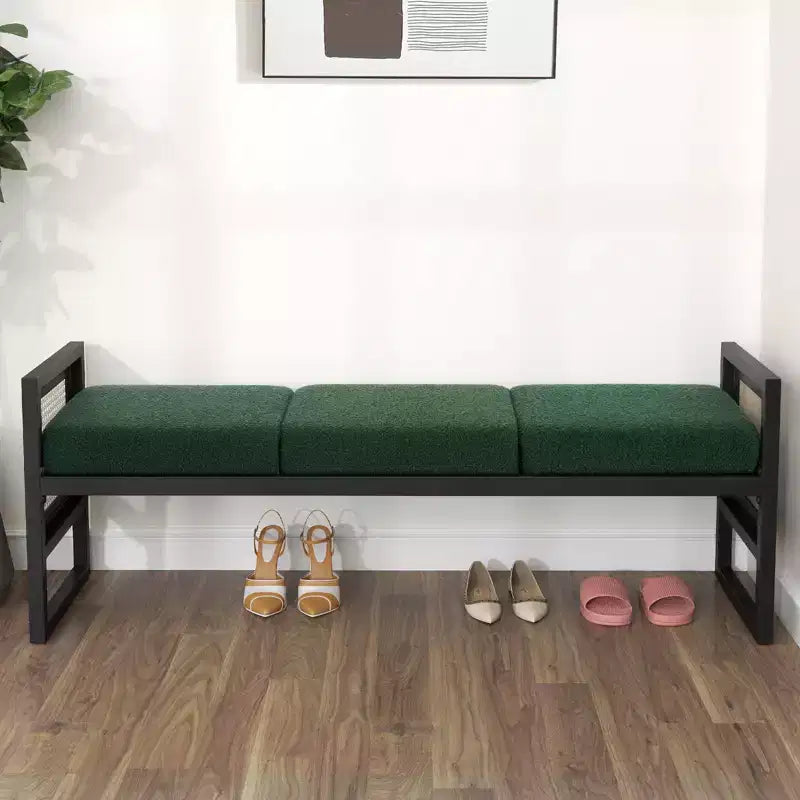 Bekrvio Banc long rembourré en bouclette de 145 cm avec cadre en métal et côtés en rotin PE, banc de bout de lit, banc d'entrée moderne pour salon