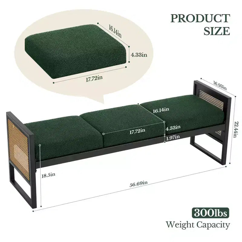 Bekrvio Banc long rembourré en bouclette de 145 cm avec cadre en métal et côtés en rotin PE, banc de bout de lit, banc d'entrée moderne pour salon