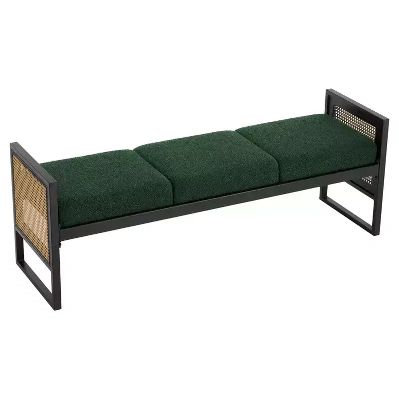 Bekrvio Banc long rembourré en bouclette de 145 cm avec cadre en métal et côtés en rotin PE, banc de bout de lit, banc d'entrée moderne pour salon
