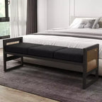 Bekrvio Banc long rembourré en bouclette de 145 cm avec cadre en métal et côtés en rotin PE, banc de bout de lit, banc d'entrée moderne pour salon
