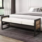 Bekrvio Banc long rembourré en bouclette de 145 cm avec cadre en métal et côtés en rotin PE, banc de bout de lit, banc d'entrée moderne pour salon