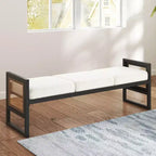 Bekrvio Banc long rembourré en bouclette de 145 cm avec cadre en métal et côtés en rotin PE, banc de bout de lit, banc d'entrée moderne pour salon