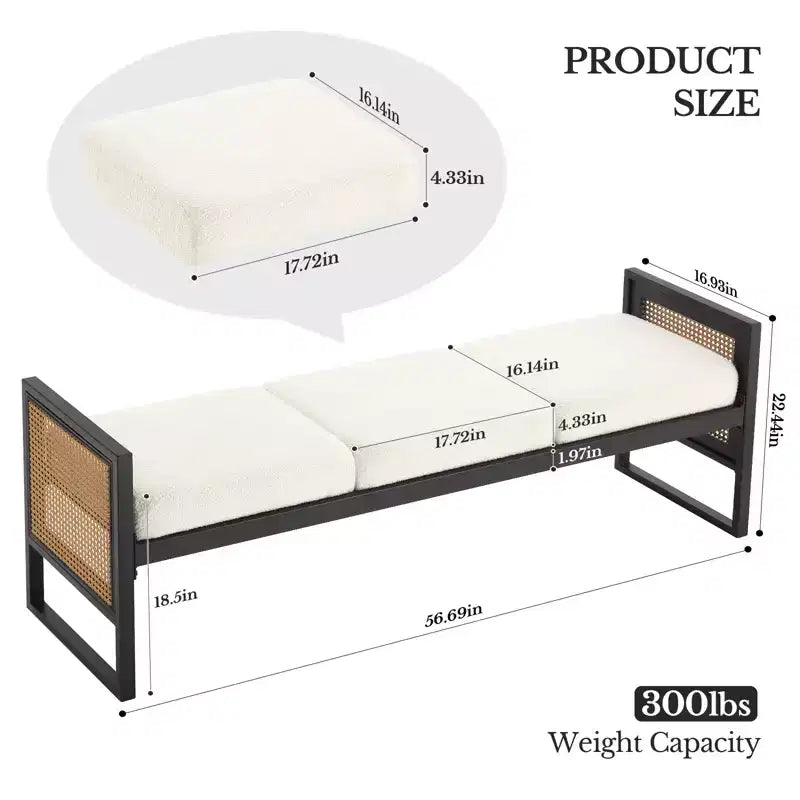 Bekrvio Banc long rembourré en bouclette de 145 cm avec cadre en métal et côtés en rotin PE, banc de bout de lit, banc d'entrée moderne pour salon