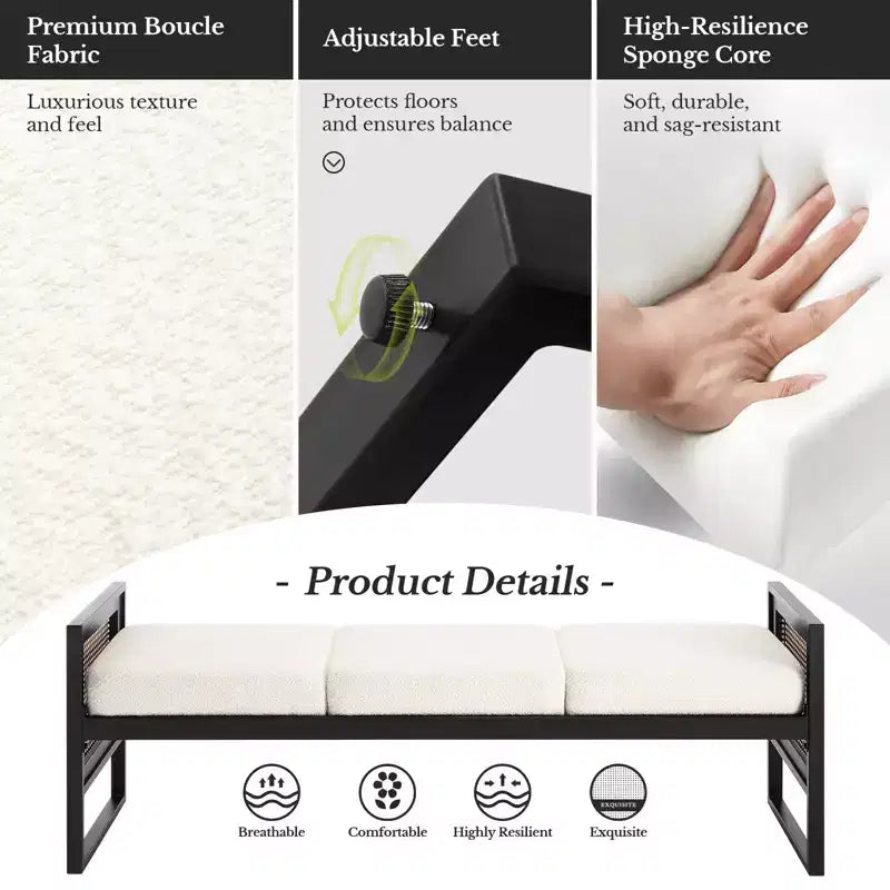 Bekrvio Banc long rembourré en bouclette de 145 cm avec cadre en métal et côtés en rotin PE, banc de bout de lit, banc d'entrée moderne pour salon