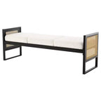 Bekrvio Banc long rembourré en bouclette de 145 cm avec cadre en métal et côtés en rotin PE, banc de bout de lit, banc d'entrée moderne pour salon