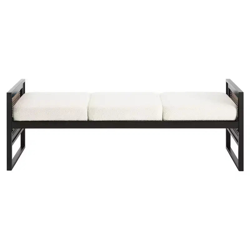 Bekrvio Banc long rembourré en bouclette de 145 cm avec cadre en métal et côtés en rotin PE, banc de bout de lit, banc d'entrée moderne pour salon