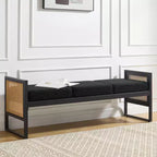 Bekrvio 57'' Long Upholstered Boucle Bench with Metal Frame & PE Rattan Sides, End of Bed Seating Bench, Modern Entryway Bench for Living Room