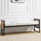 Bekrvio Banc long rembourré en bouclette de 145 cm avec cadre en métal et côtés en rotin PE, banc de bout de lit, banc d'entrée moderne pour salon