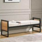 Bekrvio Banc long rembourré en bouclette de 145 cm avec cadre en métal et côtés en rotin PE, banc de bout de lit, banc d'entrée moderne pour salon