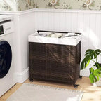 Panier à linge Costway avec roulettes et couvercle, panier à linge 3 sections de 125 L avec 2 sacs de doublure