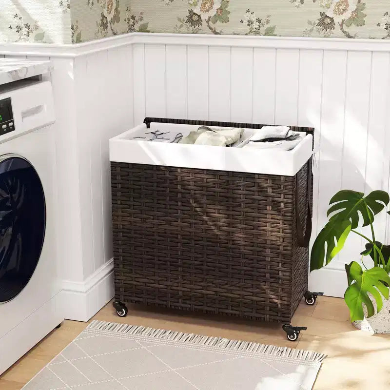 Panier à linge Costway avec roulettes et couvercle, panier à linge 3 sections de 125 L avec 2 sacs de doublure