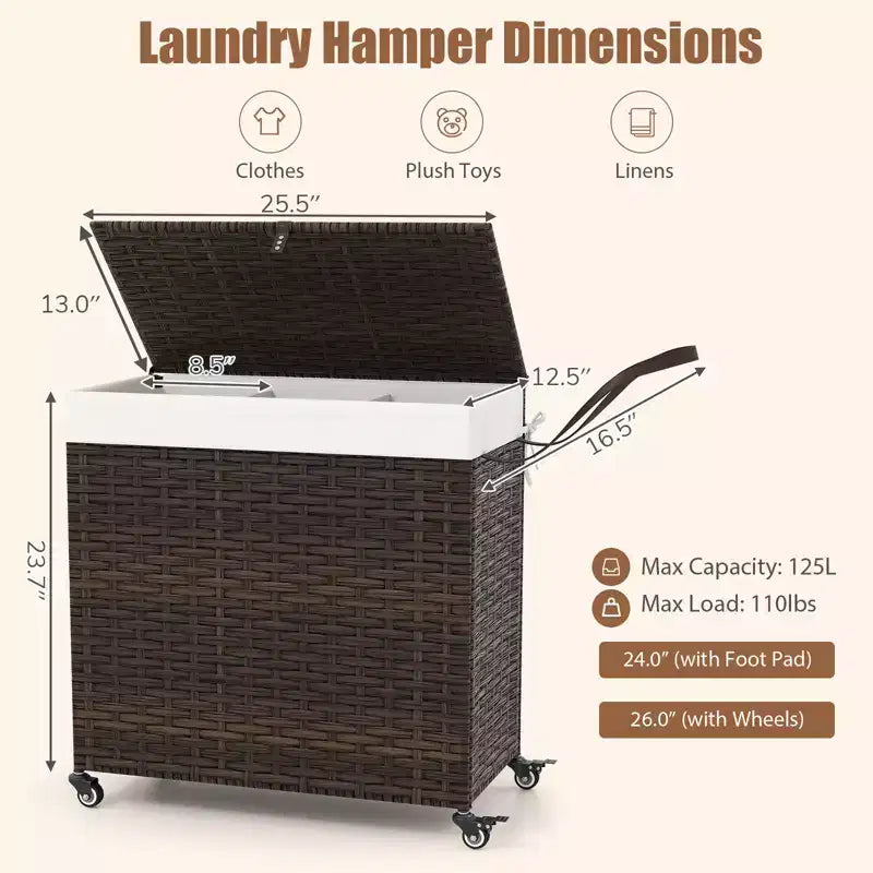 Panier à linge Costway avec roulettes et couvercle, panier à linge 3 sections de 125 L avec 2 sacs de doublure