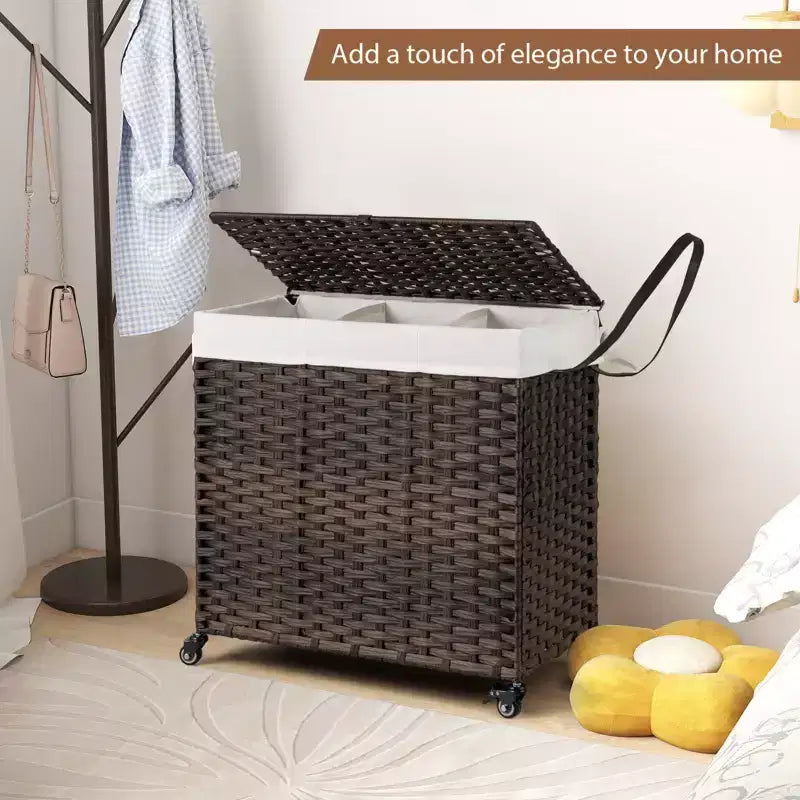 Panier à linge Costway avec roulettes et couvercle, panier à linge 3 sections de 125 L avec 2 sacs de doublure