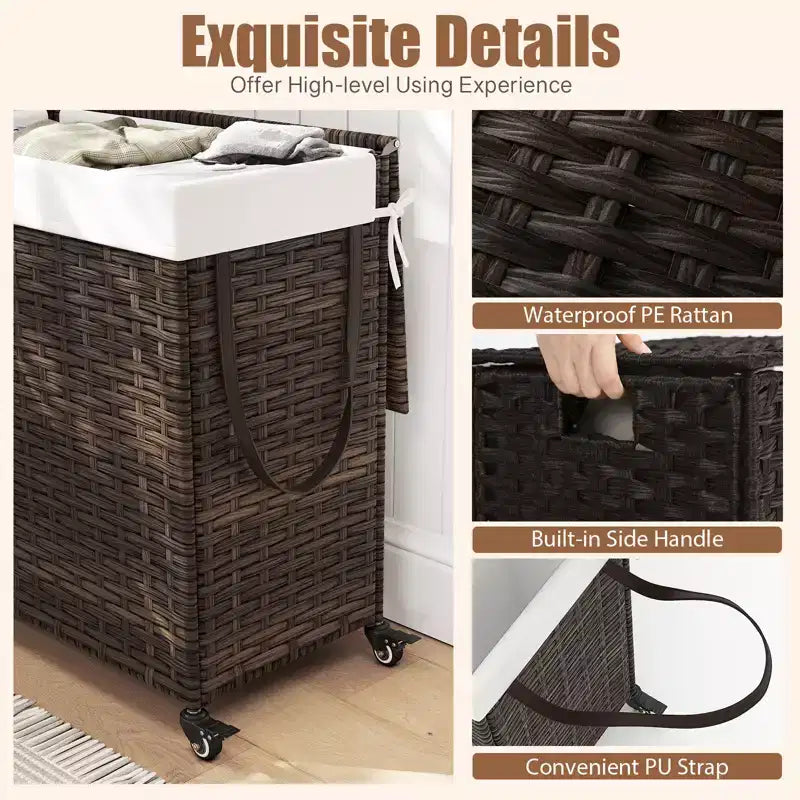 Panier à linge Costway avec roulettes et couvercle, panier à linge 3 sections de 125 L avec 2 sacs de doublure