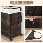 Panier à linge Costway avec roulettes et couvercle, panier à linge 3 sections de 125 L avec 2 sacs de doublure