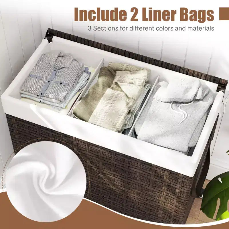 Panier à linge Costway avec roulettes et couvercle, panier à linge 3 sections de 125 L avec 2 sacs de doublure