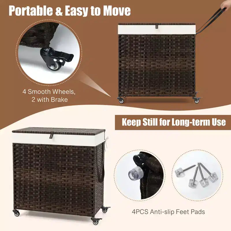 Panier à linge Costway avec roulettes et couvercle, panier à linge 3 sections de 125 L avec 2 sacs de doublure