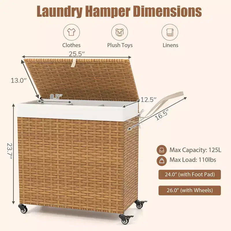 Panier à linge Costway avec roulettes et couvercle, panier à linge 3 sections de 125 L avec 2 sacs de doublure