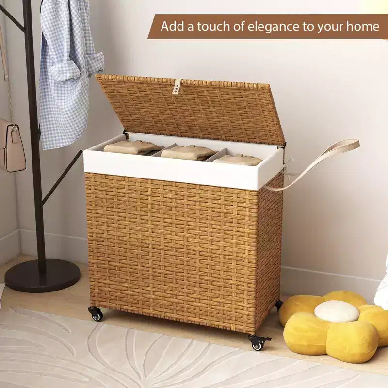 Panier à linge Costway avec roulettes et couvercle, panier à linge 3 sections de 125 L avec 2 sacs de doublure