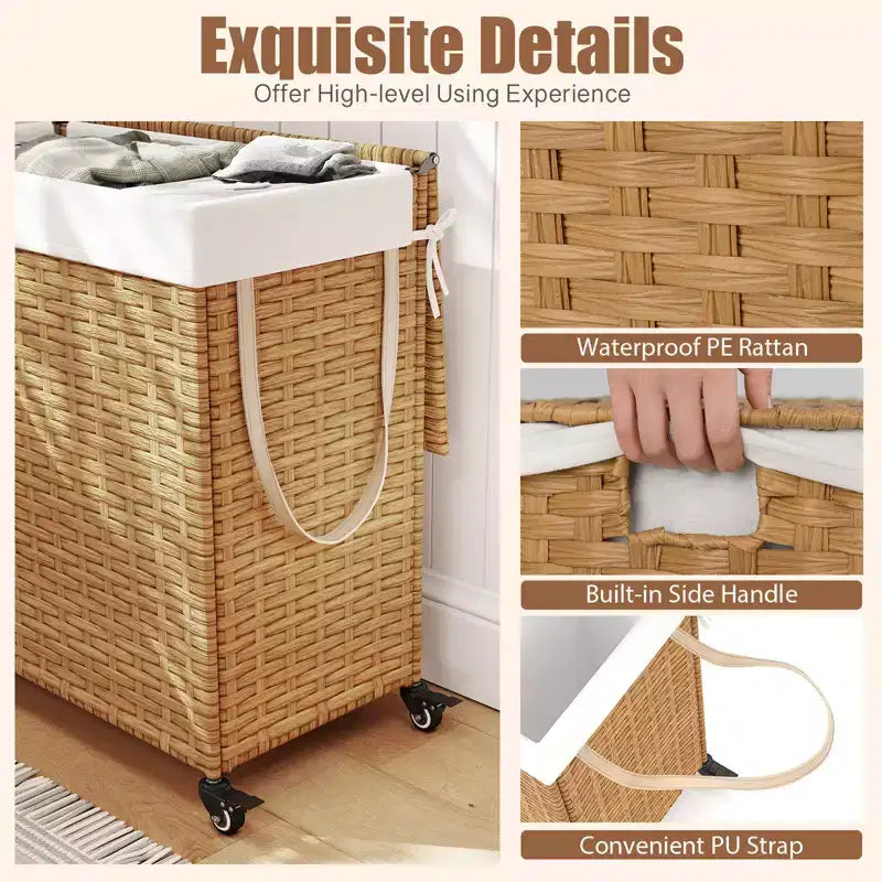 Panier à linge Costway avec roulettes et couvercle, panier à linge 3 sections de 125 L avec 2 sacs de doublure
