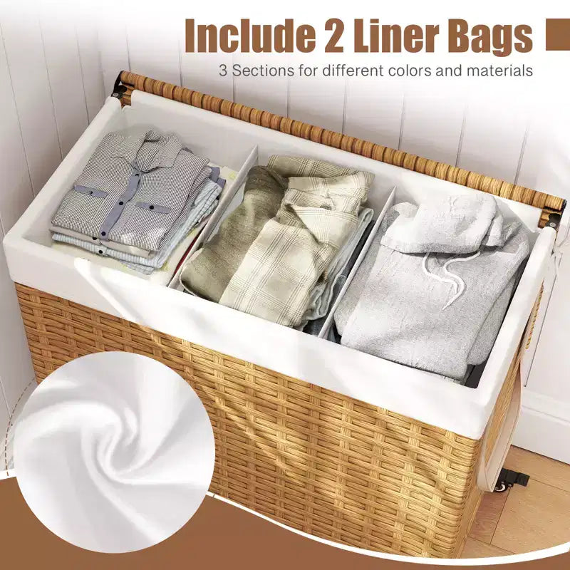 Panier à linge Costway avec roulettes et couvercle, panier à linge 3 sections de 125 L avec 2 sacs de doublure