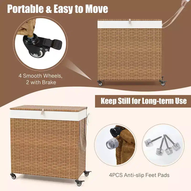 Panier à linge Costway avec roulettes et couvercle, panier à linge 3 sections de 125 L avec 2 sacs de doublure