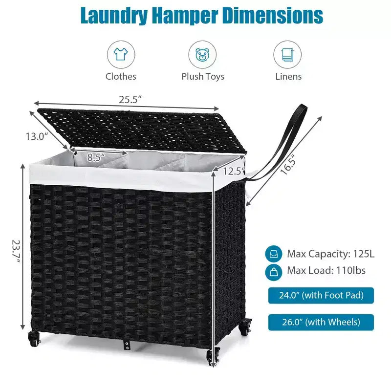 Panier à linge Costway avec roulettes et couvercle, panier à linge 3 sections de 125 L avec 2 sacs de doublure