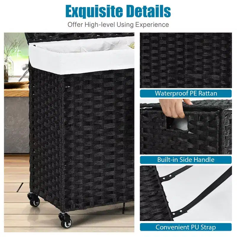 Panier à linge Costway avec roulettes et couvercle, panier à linge 3 sections de 125 L avec 2 sacs de doublure