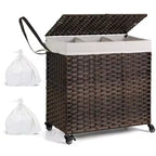 Panier à linge Costway avec roulettes et couvercle, panier à linge 3 sections de 125 L avec 2 sacs de doublure