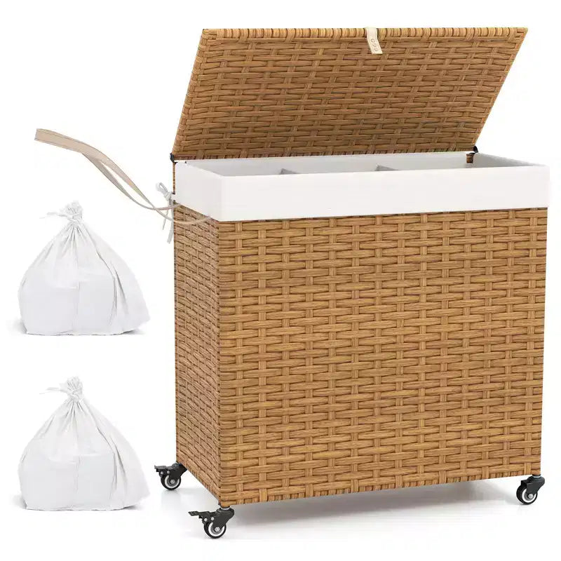 Panier à linge Costway avec roulettes et couvercle, panier à linge 3 sections de 125 L avec 2 sacs de doublure