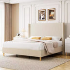 Corduroy Upholstered Bed Frame with Vertical Channel Wingback Headboard - Wood Slat Support, No Box Spring Needed