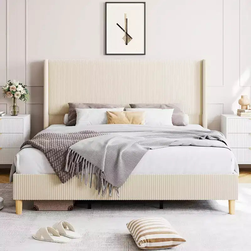 Cadre de lit en velours côtelé avec tête de lit capitonnée verticale à oreilles – Support en lattes de bois, aucun sommier tapissier requis