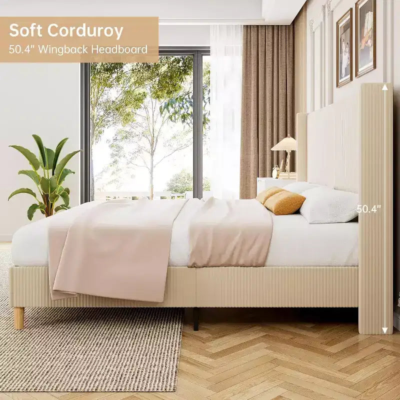 Cadre de lit en velours côtelé avec tête de lit capitonnée verticale à oreilles – Support en lattes de bois, aucun sommier tapissier requis