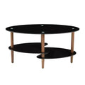 Black Oval Glass Coffee Table with Oak Wood Legs, 3-Layer Tempered Glass Table for Living Room