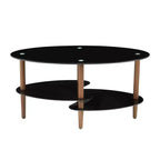 Black Oval Glass Coffee Table with Oak Wood Legs, 3-Layer Tempered Glass Table for Living Room