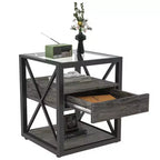 Table basse ovale en verre noir avec pieds en bois de chêne, table en verre trempé à 3 niveaux pour salon