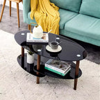Table basse ovale en verre noir avec pieds en bois de chêne, table en verre trempé à 3 niveaux pour salon