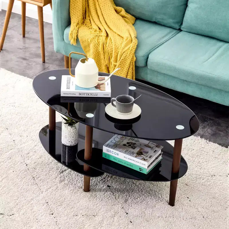 Table basse ovale en verre noir avec pieds en bois de chêne, table en verre trempé à 3 niveaux pour salon