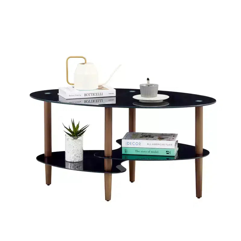 Table basse ovale en verre noir avec pieds en bois de chêne, table en verre trempé à 3 niveaux pour salon