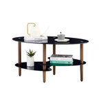 Table basse ovale en verre noir avec pieds en bois de chêne, table en verre trempé à 3 niveaux pour salon