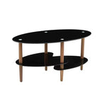 Table basse ovale en verre noir avec pieds en bois de chêne, table en verre trempé à 3 niveaux pour salon